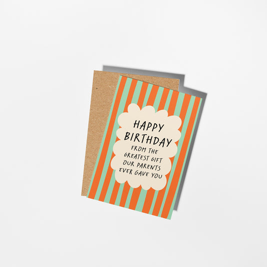 Birthday card with striped design and text on a white background