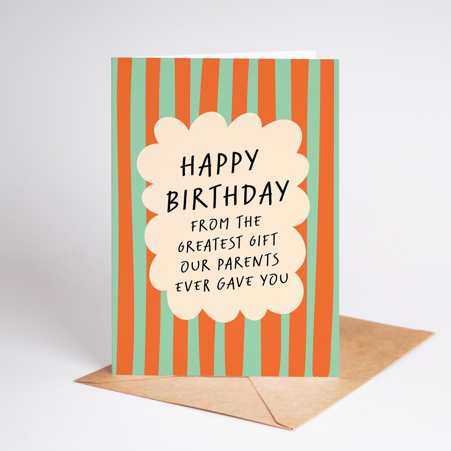 Birthday card with striped design and text on a white background