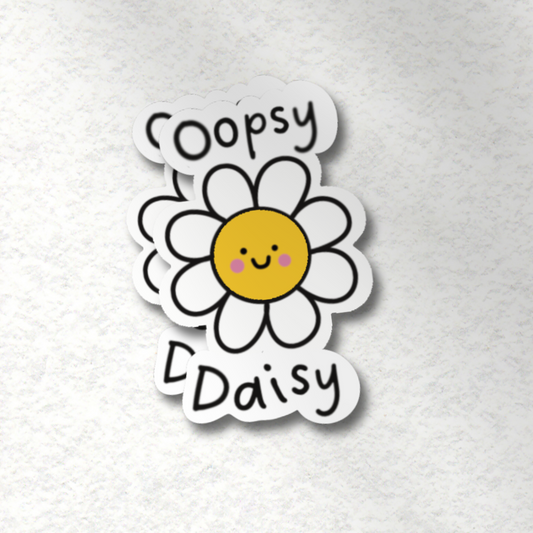 Sticker with a smiling daisy and 'Coopsy Daisy' text on a textured white background
