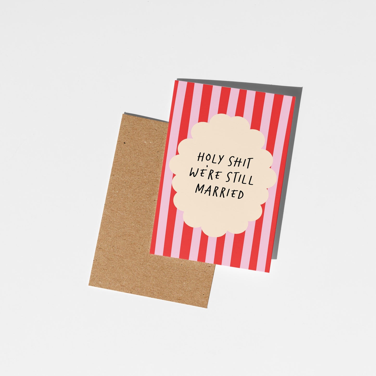 Card with red and white striped design and text on a white background