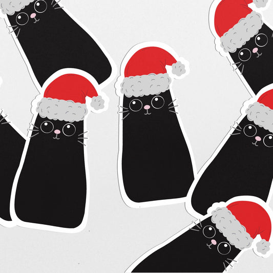 Christmas Black Cat Sticker with Santa Hat, Holiday Cat Lover Gift, Festive Cat Sticker, Christmas Stationery - PulpKo