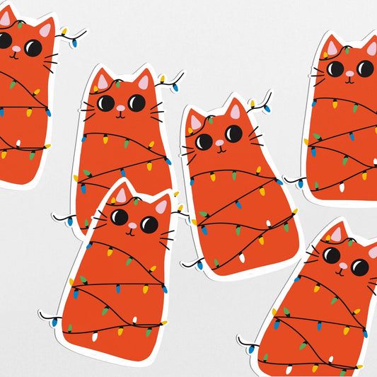 Festive Christmas Cat Sticker with Holiday Lights, Cute Orange Cat Sticker, Christmas Stationery - PulpKo