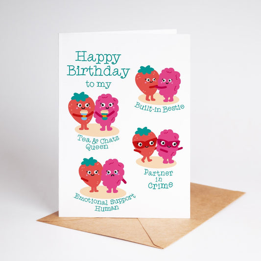 Funny Sister or Best Friend Birthday Card, Cute Fruit Illustrations, Tea & Chats Queen, Built-in Bestie, Partner in Crime - PulpKo