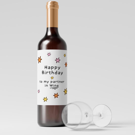 Happy Birthday to My Partner in Wine, Funny Wine Bottle Label Gift Sticker - PulpKo