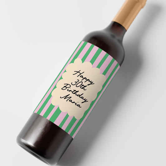 Personalised Happy Birthday Wine Label Gift, Any Age Personalized Bottle Sticker, Pink & Green - PulpKo