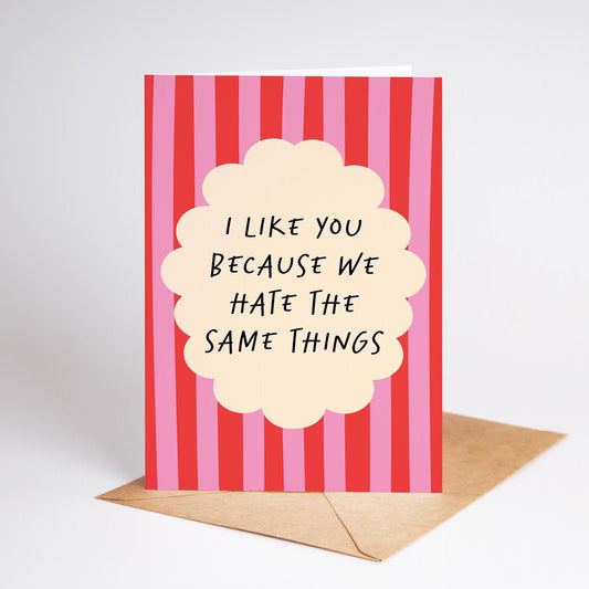 I Like You Because We Hate the Same Things – Funny Card for Friend or Partner - PulpKo