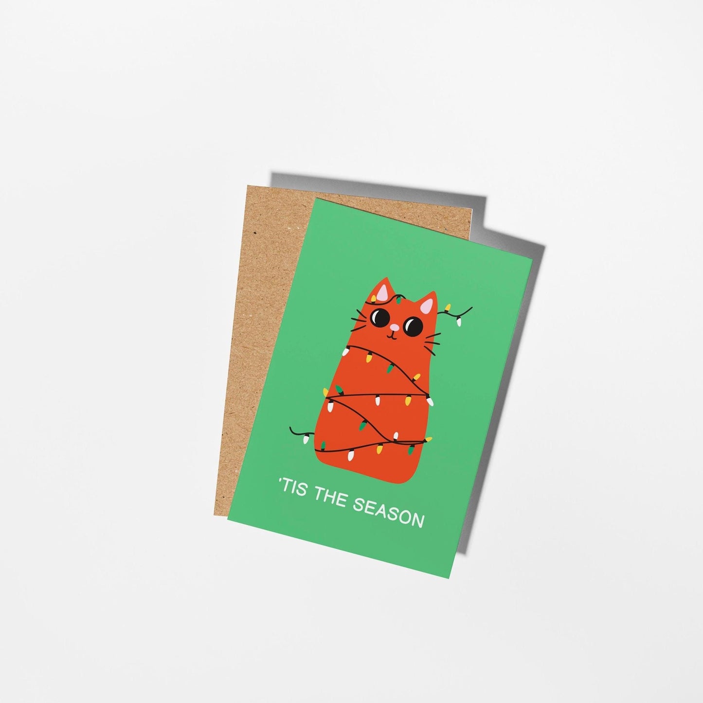 Tis the Season Cat Christmas Card, Festive Cat Wrapped in Lights - PulpKo