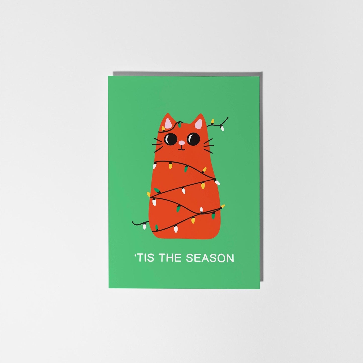 Tis the Season Cat Christmas Card, Festive Cat Wrapped in Lights - PulpKo