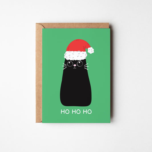 Ho Ho Ho Cat Christmas Card, Cute Black Cat Christmas Card - PulpKo