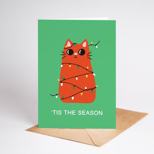 Tis the Season Cat Christmas Card, Festive Cat Wrapped in Lights - PulpKo