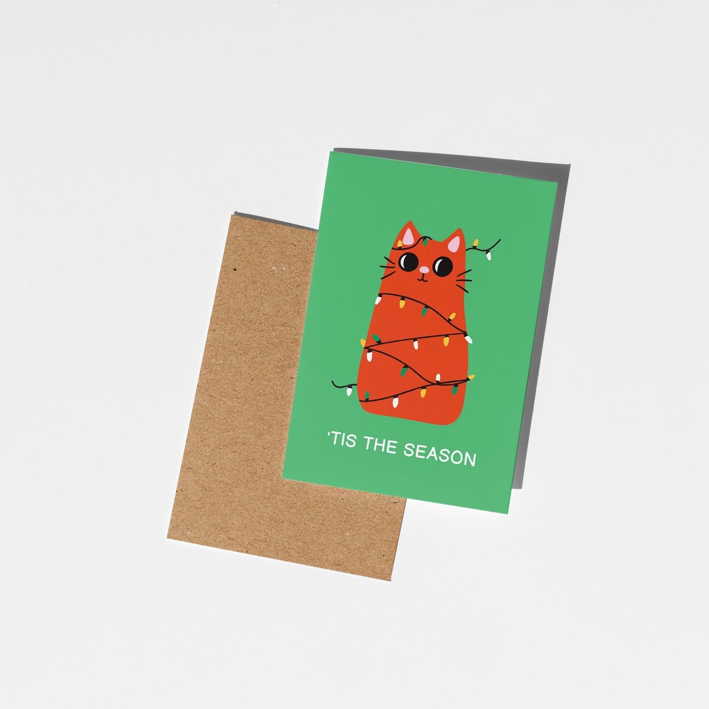 Tis the Season Cat Christmas Card, Festive Cat Wrapped in Lights - PulpKo