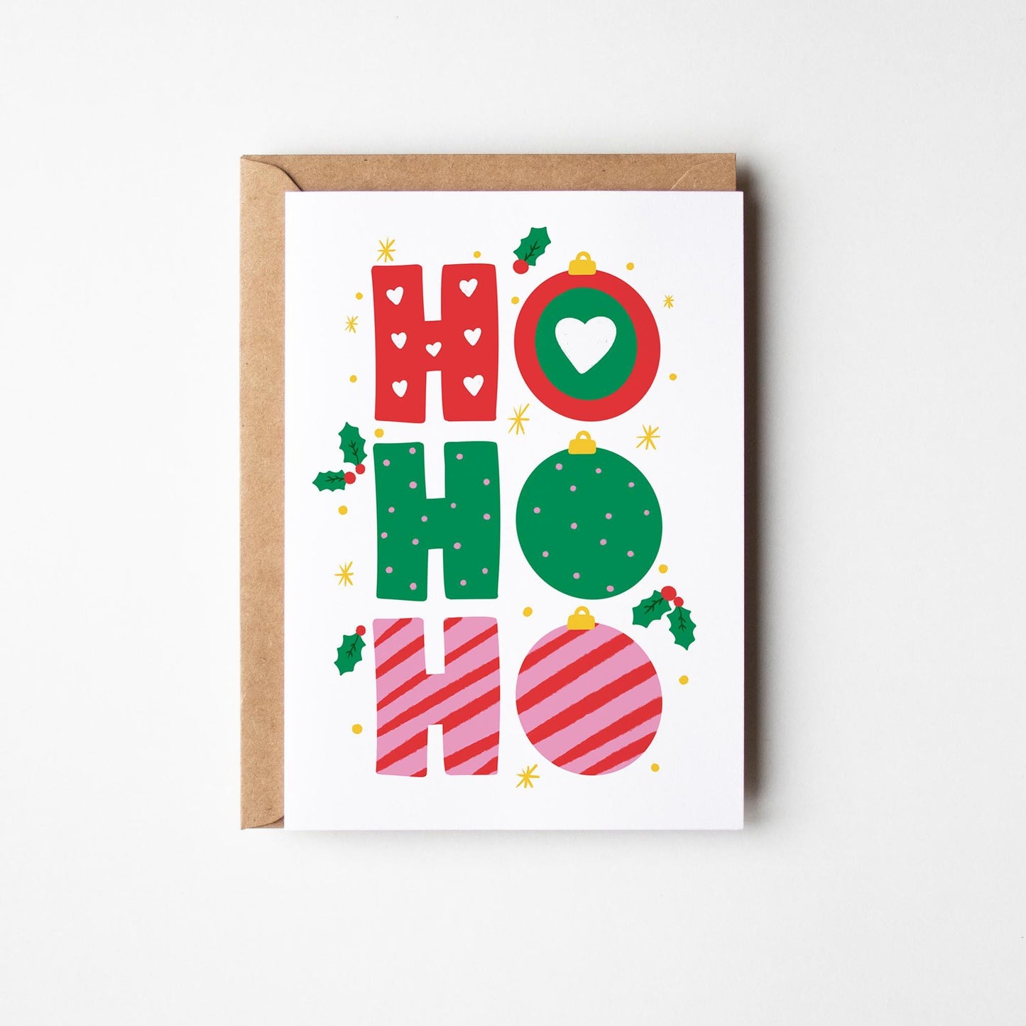 Ho Ho Ho Christmas Card – Colourful Festive Bauble Design - PulpKo