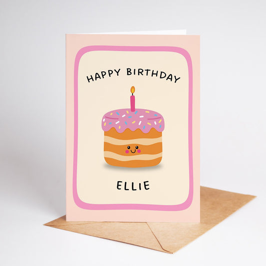 Personalised Birthday Card, Cute Cake Illustration, Custom Name Birthday Card - PulpKo