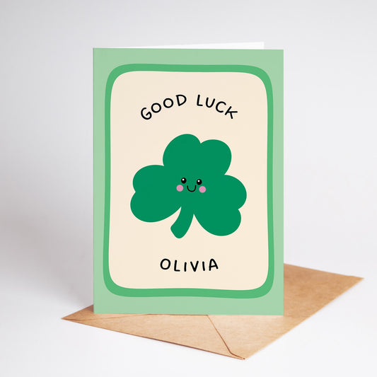Personalised Good Luck Card, Custom Name Shamrock Design - PulpKo