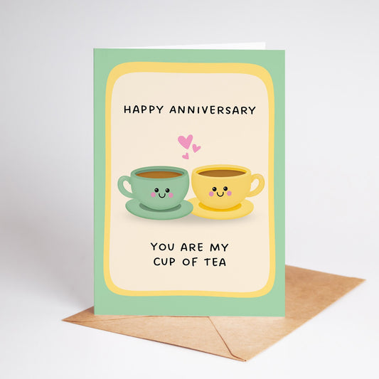 Happy Anniversary Card, You Are My Cup of Tea, Cute Tea Cup Anniversary Card for Partner, Wife, Husband or Couple - PulpKo