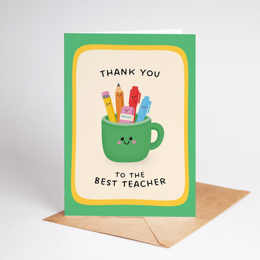 Best Teacher Card, Thank You To The Best Teacher Greeting Card, Cute Illustrated End of Year Teacher Gift - PulpKo