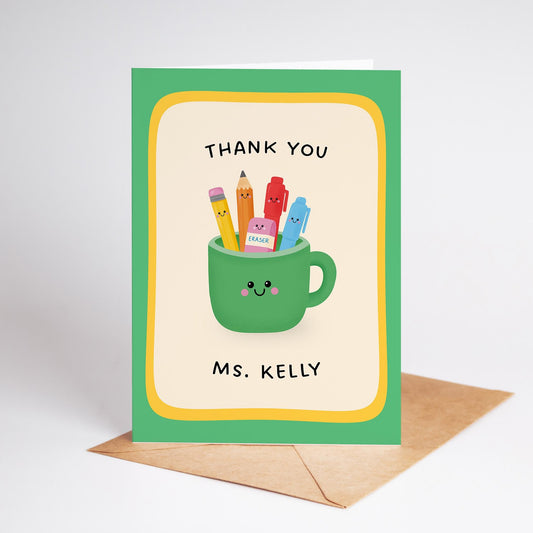 Personalised Teacher Card, Custom Thank You Teacher Greeting Card, Cute Illustrated End of Year Teacher Gift - PulpKo