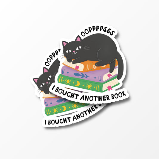Oops I Bought Another Book Illustrated Sticker, Cute Cat Sticker for Bookworm or Cat Lover - PulpKo