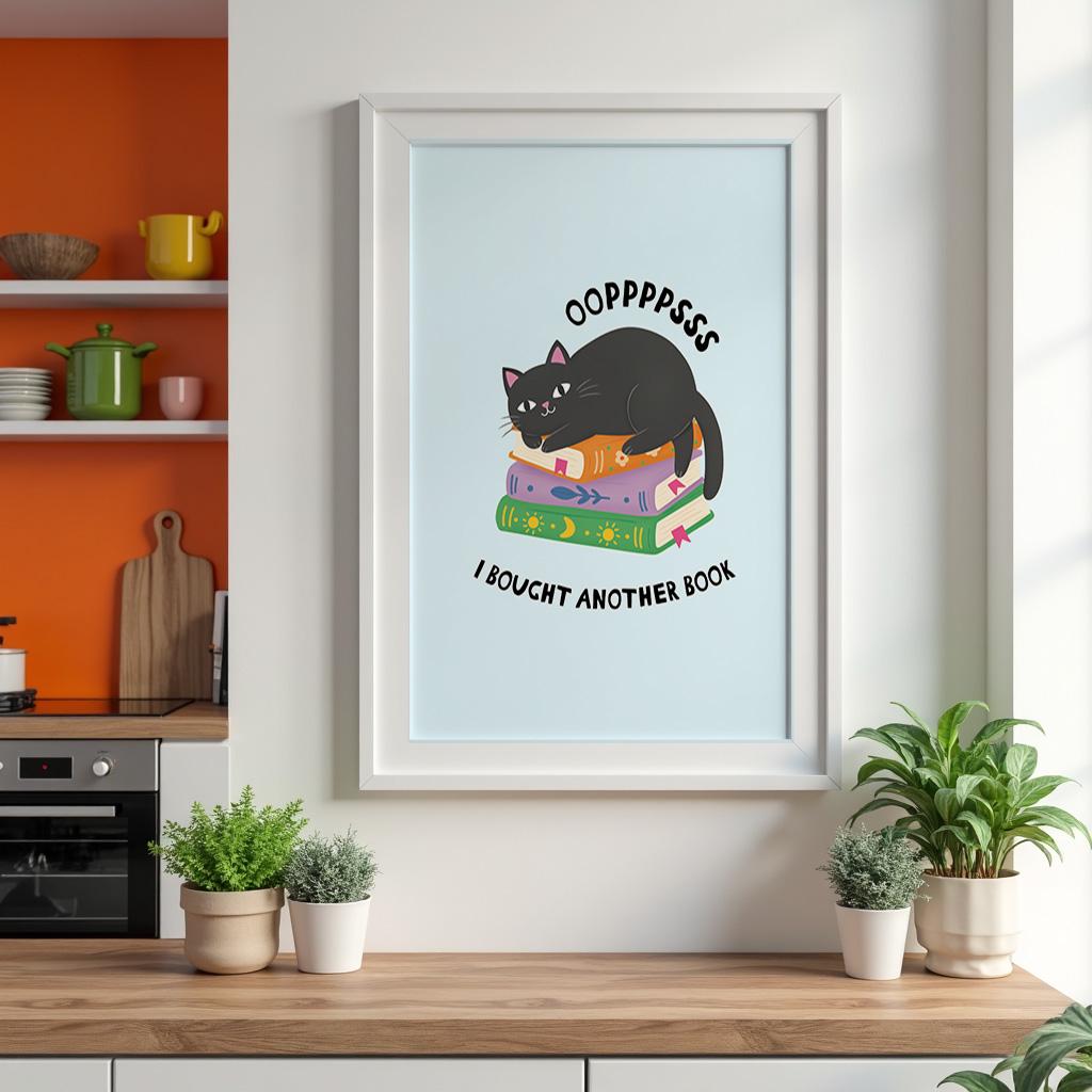 Oops I Bought Another Book Wall Art Print, Funny Cat Book Lover Illustration, Illustrated Book Gift for Readers - PulpKo