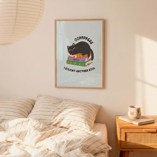 Oops I Bought Another Book Wall Art Print, Funny Cat Book Lover Illustration, Illustrated Book Gift for Readers - PulpKo