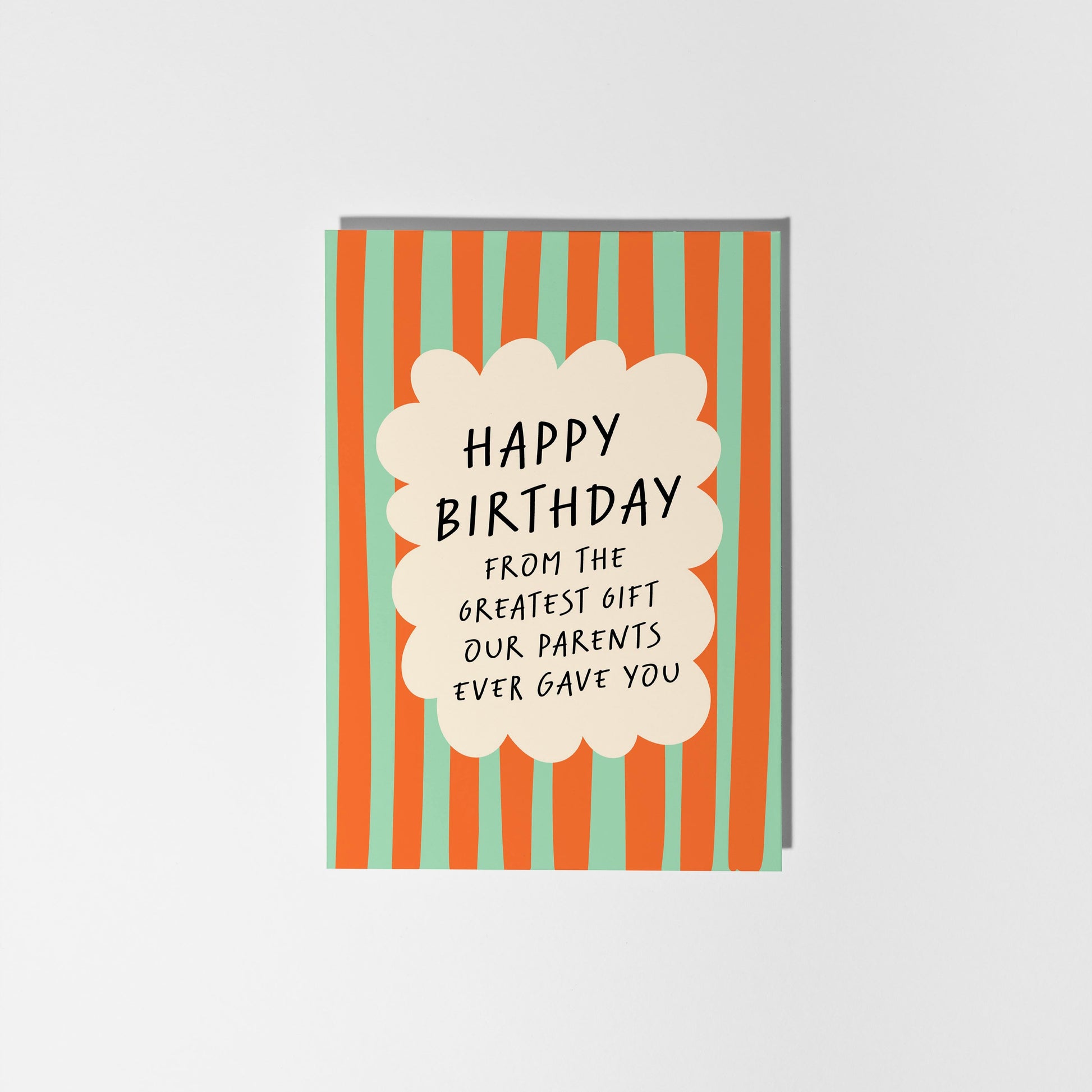 Birthday card with striped design and humorous text on a white background