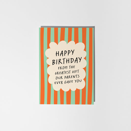 Birthday card with striped design and humorous text on a white background