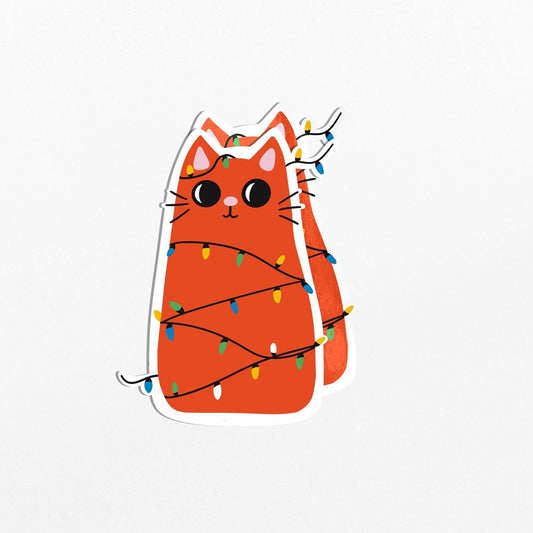 Festive Christmas Cat Sticker with Holiday Lights, Cute Orange Cat Sticker, Christmas Stationery - PulpKo