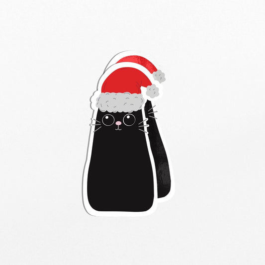 Christmas Black Cat Sticker with Santa Hat, Holiday Cat Lover Gift, Festive Cat Sticker, Christmas Stationery - PulpKo