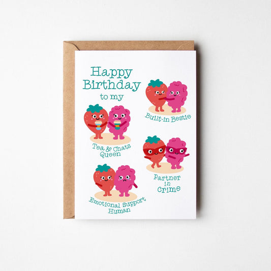 Funny Sister or Best Friend Birthday Card, Cute Fruit Illustrations, Tea & Chats Queen, Built-in Bestie, Partner in Crime - PulpKo