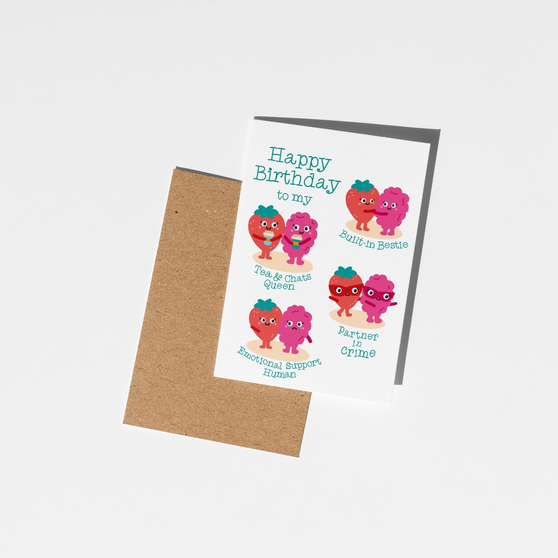 Funny Sister or Best Friend Birthday Card, Cute Fruit Illustrations, Tea & Chats Queen, Built-in Bestie, Partner in Crime - PulpKo