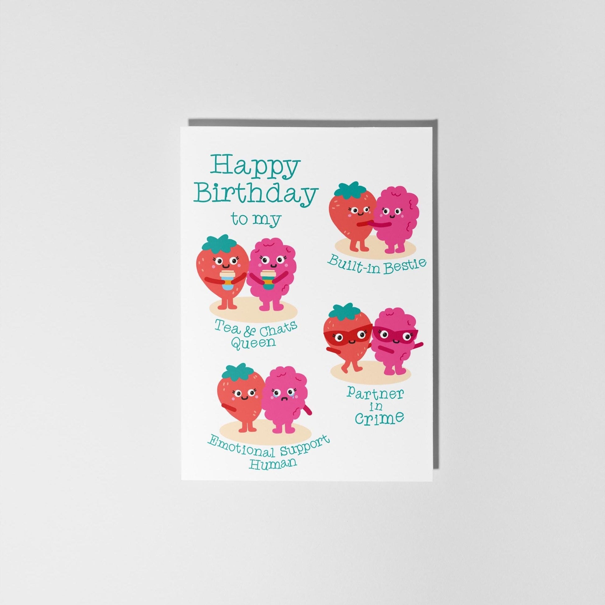 Funny Sister or Best Friend Birthday Card, Cute Fruit Illustrations, Tea & Chats Queen, Built-in Bestie, Partner in Crime - PulpKo