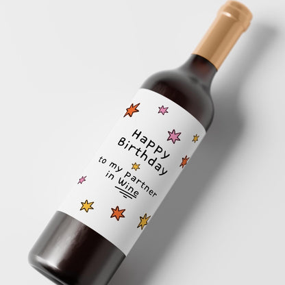 Happy Birthday to My Partner in Wine, Funny Wine Bottle Label Gift Sticker - PulpKo