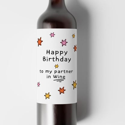 Happy Birthday to My Partner in Wine, Funny Wine Bottle Label Gift Sticker - PulpKo