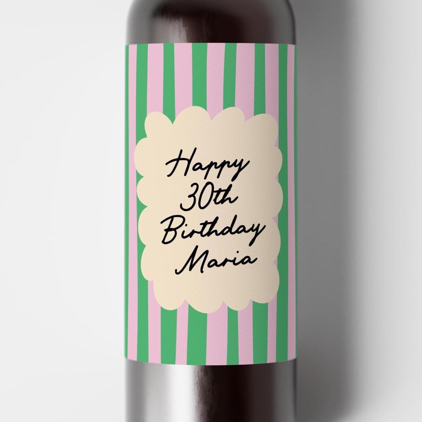 Personalised Happy Birthday Wine Label Gift, Any Age Personalized Bottle Sticker, Pink & Green - PulpKo