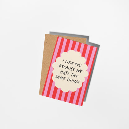 I Like You Because We Hate the Same Things – Funny Card for Friend or Partner - PulpKo