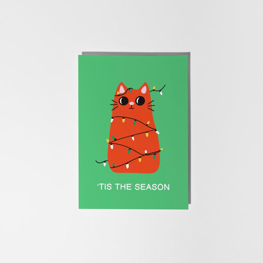 Tis the Season Cat Christmas Card, Festive Cat Wrapped in Lights - PulpKo