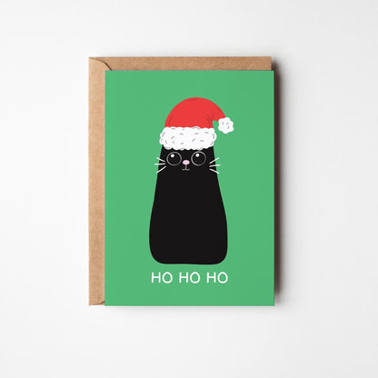Ho Ho Ho Cat Christmas Card, Cute Black Cat Christmas Card - PulpKo