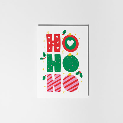 Ho Ho Ho Christmas Card – Colourful Festive Bauble Design - PulpKo