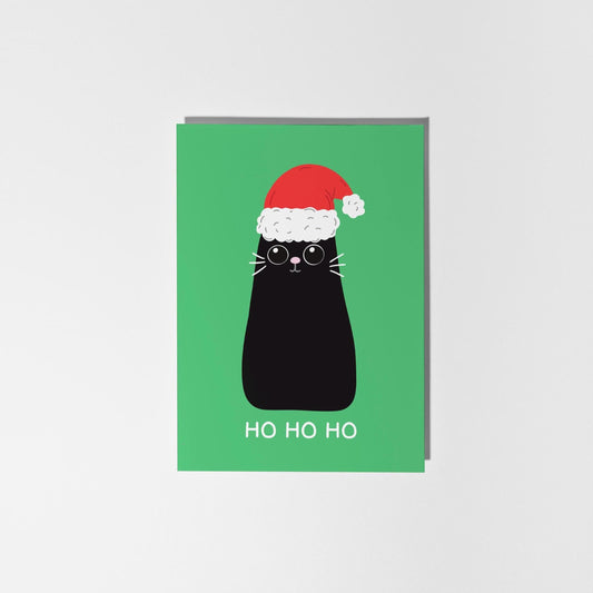 Ho Ho Ho Cat Christmas Card, Cute Black Cat Christmas Card - PulpKo