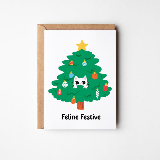 Feline Festive; Punny Cat Christmas Card - PulpKo