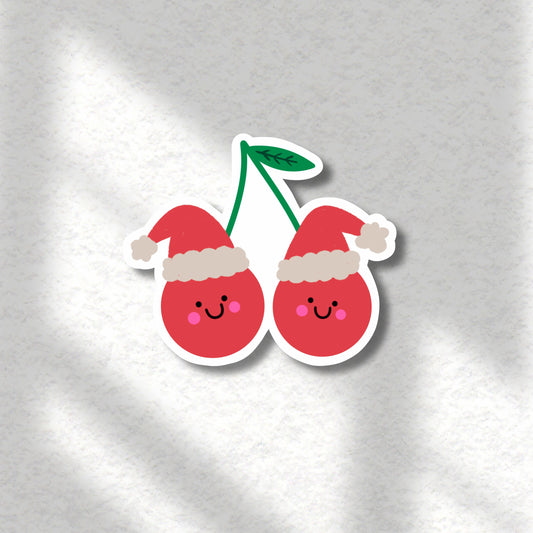 Christmas Cherry Sticker – Cute Kawaii Fruit Vinyl Sticker with Santa Hats - PulpKo