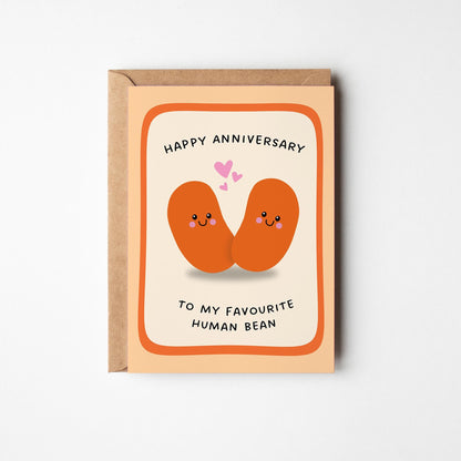 Funny Anniversary Card, To My Favourite Human Bean, Cute Pun Card for Partner or Couple - PulpKo