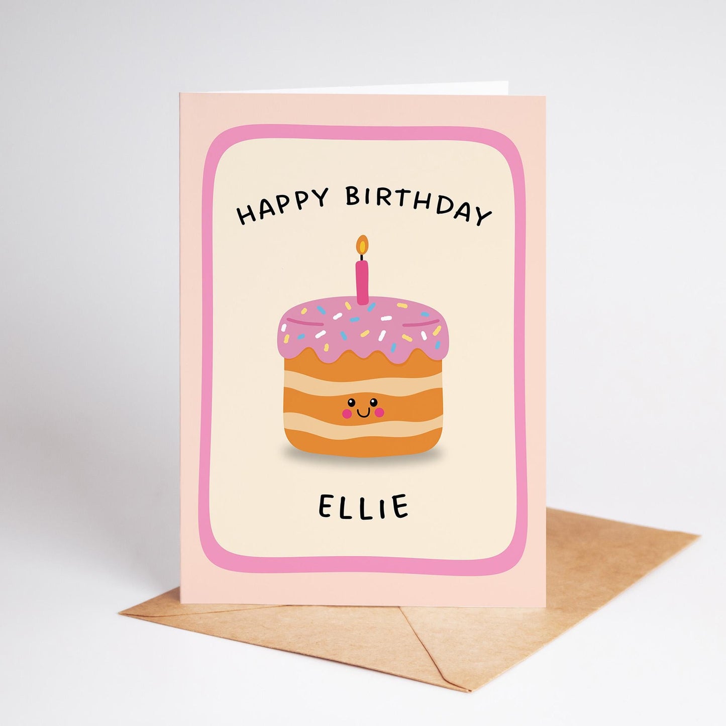 Personalised Birthday Card, Cute Cake Illustration, Custom Name Birthday Card - PulpKo