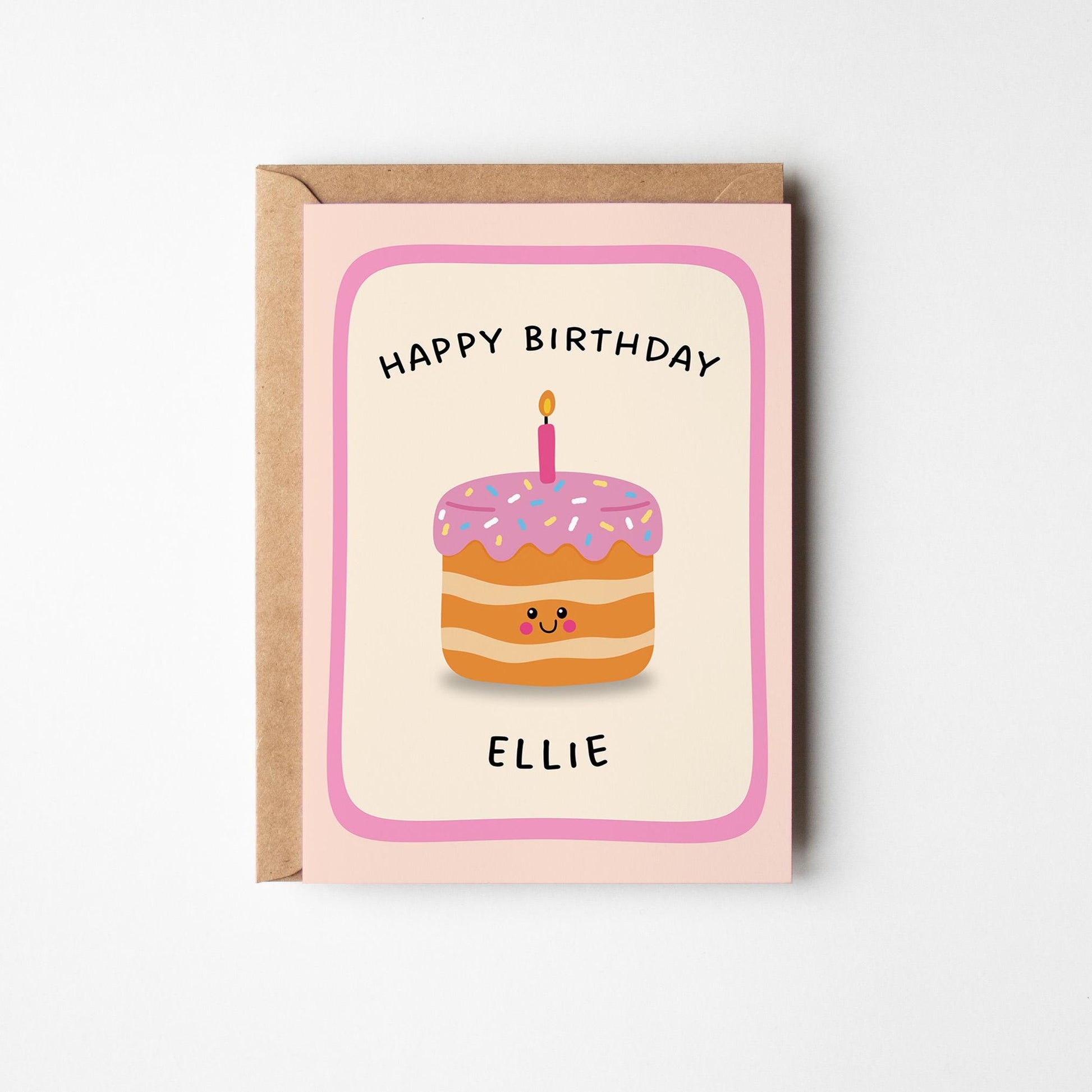 Personalised Birthday Card, Cute Cake Illustration, Custom Name Birthday Card - PulpKo
