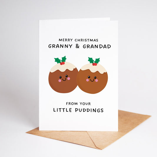 Merry Christmas Granny & Grandad From Your Little Puddings, Christmas Card for Grandparents - PulpKo