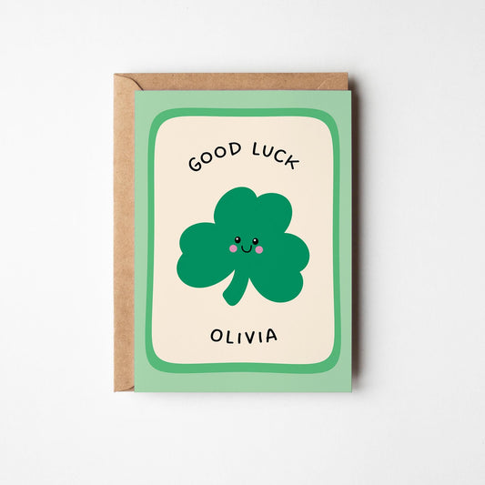 Personalised Good Luck Card, Custom Name Shamrock Design - PulpKo