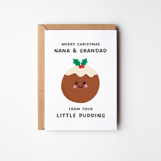 Merry Christmas Nana & Grandad From Your Little Pudding, Christmas Card for Grandparents from Grandkids - PulpKo