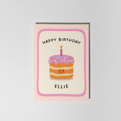 Personalised Birthday Card, Cute Cake Illustration, Custom Name Birthday Card - PulpKo