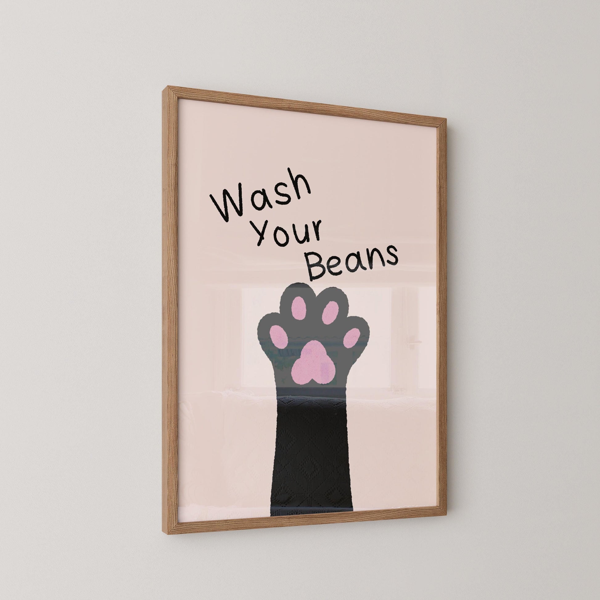 Wash Your Beans Print, Funny Bathroom Wall Art, Cat Illustration Print, Playful Home Decor Gift - PulpKo