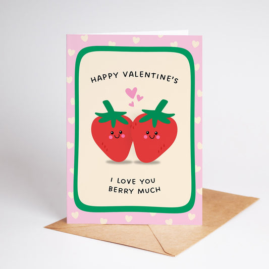 I Love You Berry Much Valentine’s Card, Cute Strawberry Valentine Card - PulpKo